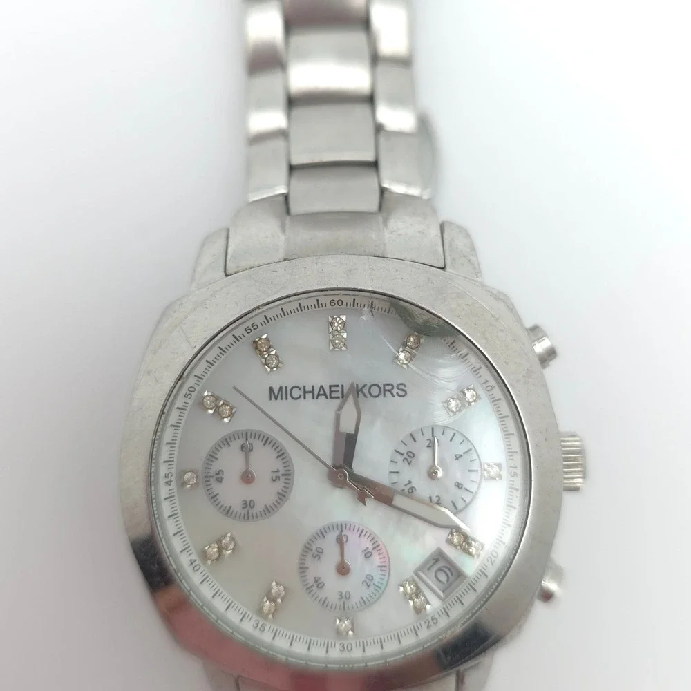 Michael Kors MK-5092 Watch Womens Silver Stainless Mother of Pearl Chronograph